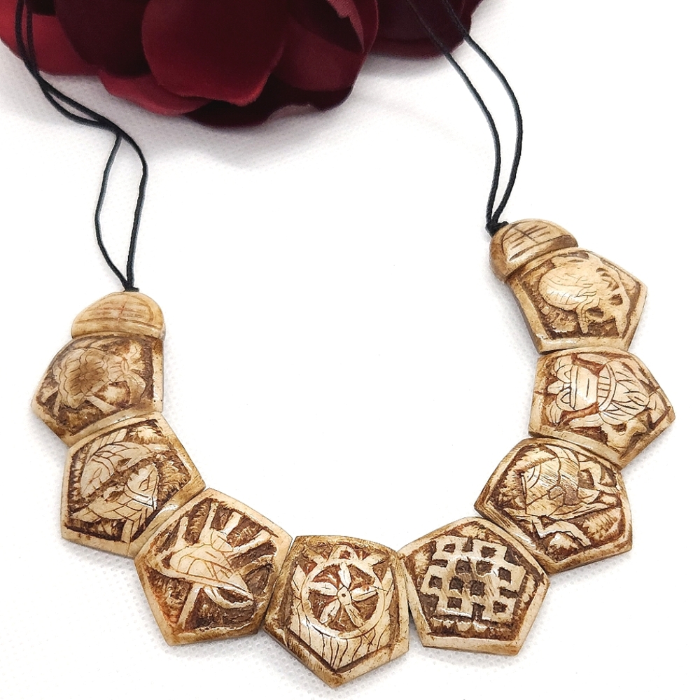 Hand-Carved Yak Bone Statement Necklace Good Luck Necklace